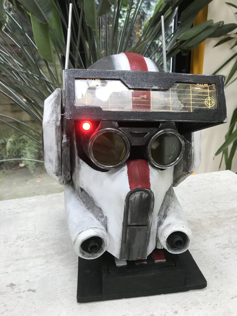 Tech helmet, voice changer, Bluetooth control quotes, lightup goggles, €345,-